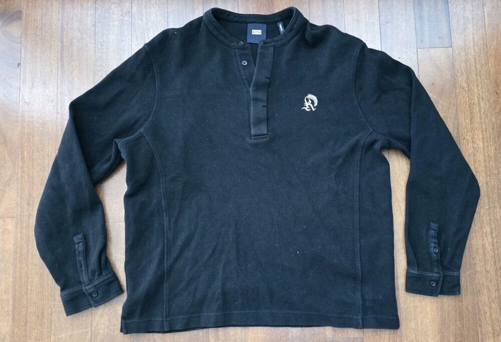 Kith Essex Henley Popover Pique Cotton Designer Mens M Black Long Sleeve Shirt